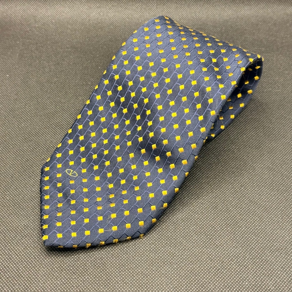 Vintage 1990s Valentino Navy Blue Yellow Diamond Silk Tie 4" x 60" Made in Italy
